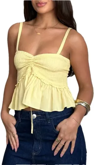 Women Y2K Babydoll Peplum Cami Shirt Spaghetti Strap V Neck Ruffle Hem Camisole Sleeveless Tops