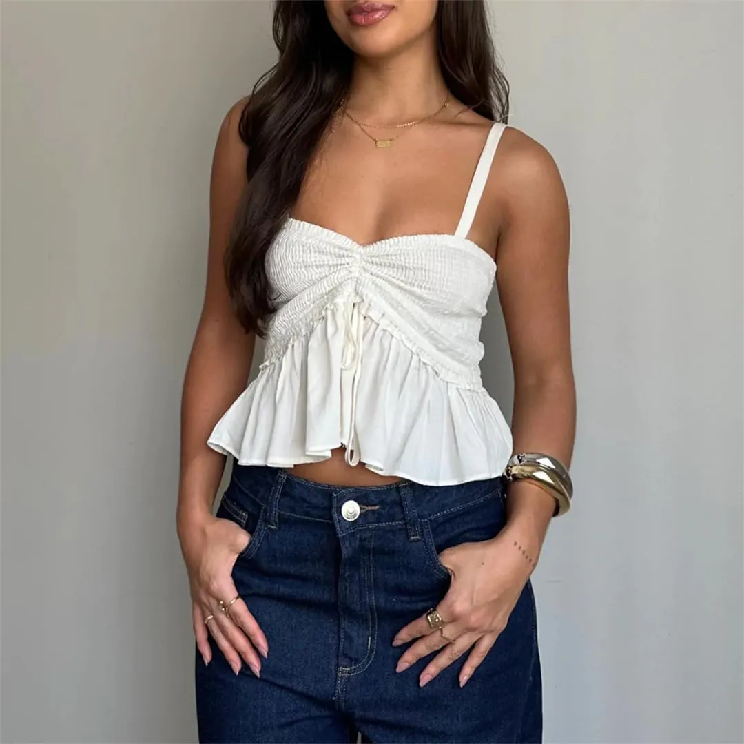 Women Y2K Babydoll Peplum Cami Shirt Spaghetti Strap V Neck Ruffle Hem Camisole Sleeveless Tops