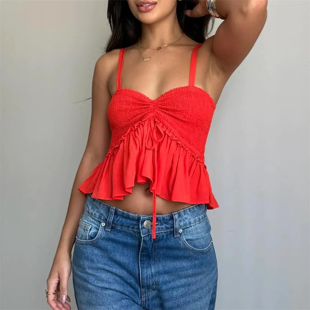 Women Y2K Babydoll Peplum Cami Shirt Spaghetti Strap V Neck Ruffle Hem Camisole Sleeveless Tops
