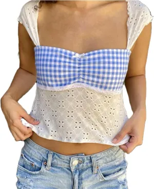 Women Y2k Plaid Wide Strap Tank Top Cute Lace Trim Square Neck Crop Vest Tops Vintage Summer Going Out Streetwear