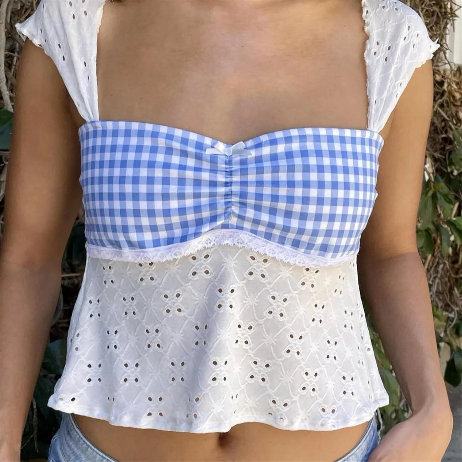Women Y2k Plaid Wide Strap Tank Top Cute Lace Trim Square Neck Crop Vest Tops Vintage Summer Going Out Streetwear