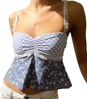 Women Y2k Spaghetti Strap Lace Camisole Sleeveless Floral Ruffle Crop Cami Top Slim Fit Going Out Tops Streetwear