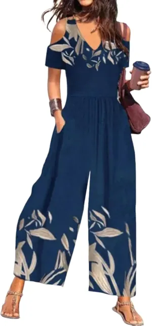 Women's Blue Printed Jumpsuit V Neck Short Sleeve Off Shoulder Wide Leg Design with Pockets 2025 Summer Fashion Jumpsuit