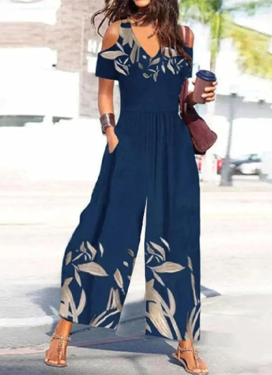 Women's Blue Printed Jumpsuit V Neck Short Sleeve Off Shoulder Wide Leg Design with Pockets 2025 Summer Fashion Jumpsuit