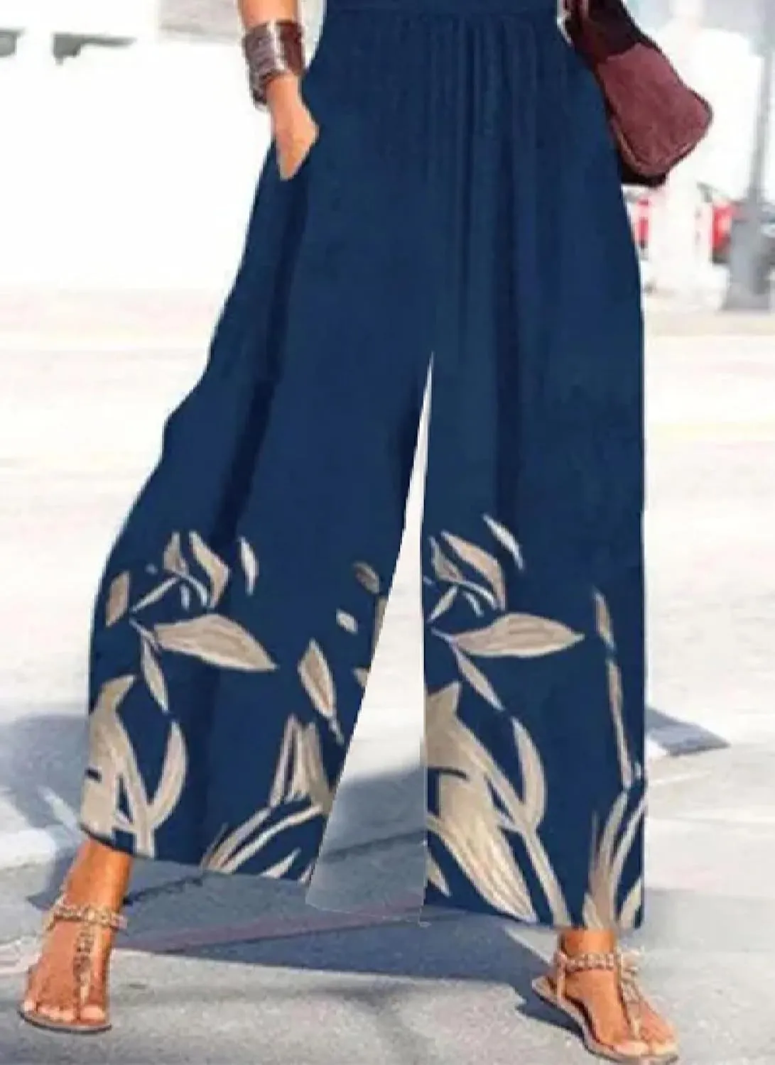 Women's Blue Printed Jumpsuit V Neck Short Sleeve Off Shoulder Wide Leg Design with Pockets 2025 Summer Fashion Jumpsuit