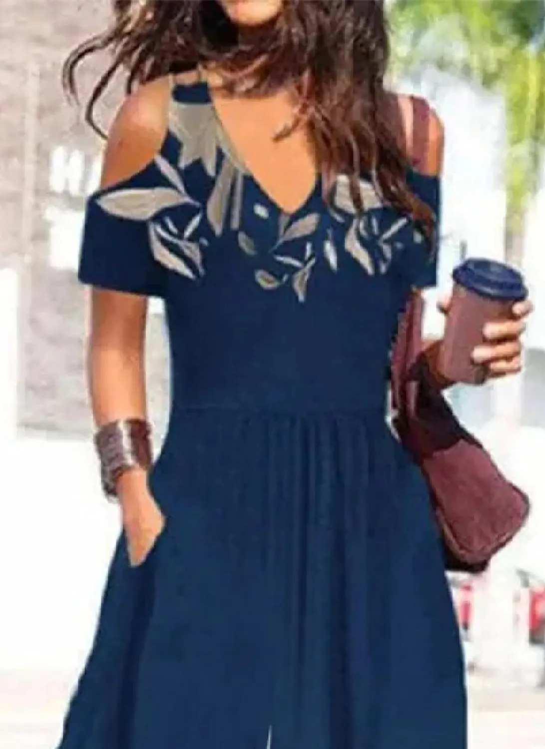 Women's Blue Printed Jumpsuit V Neck Short Sleeve Off Shoulder Wide Leg Design with Pockets 2025 Summer Fashion Jumpsuit