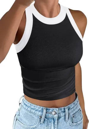 Women's Color Block Ribbed Crop Tank Top Summer Racerback Crewneck Sleeveless Slim Fit Crop Tops Shirts 2025