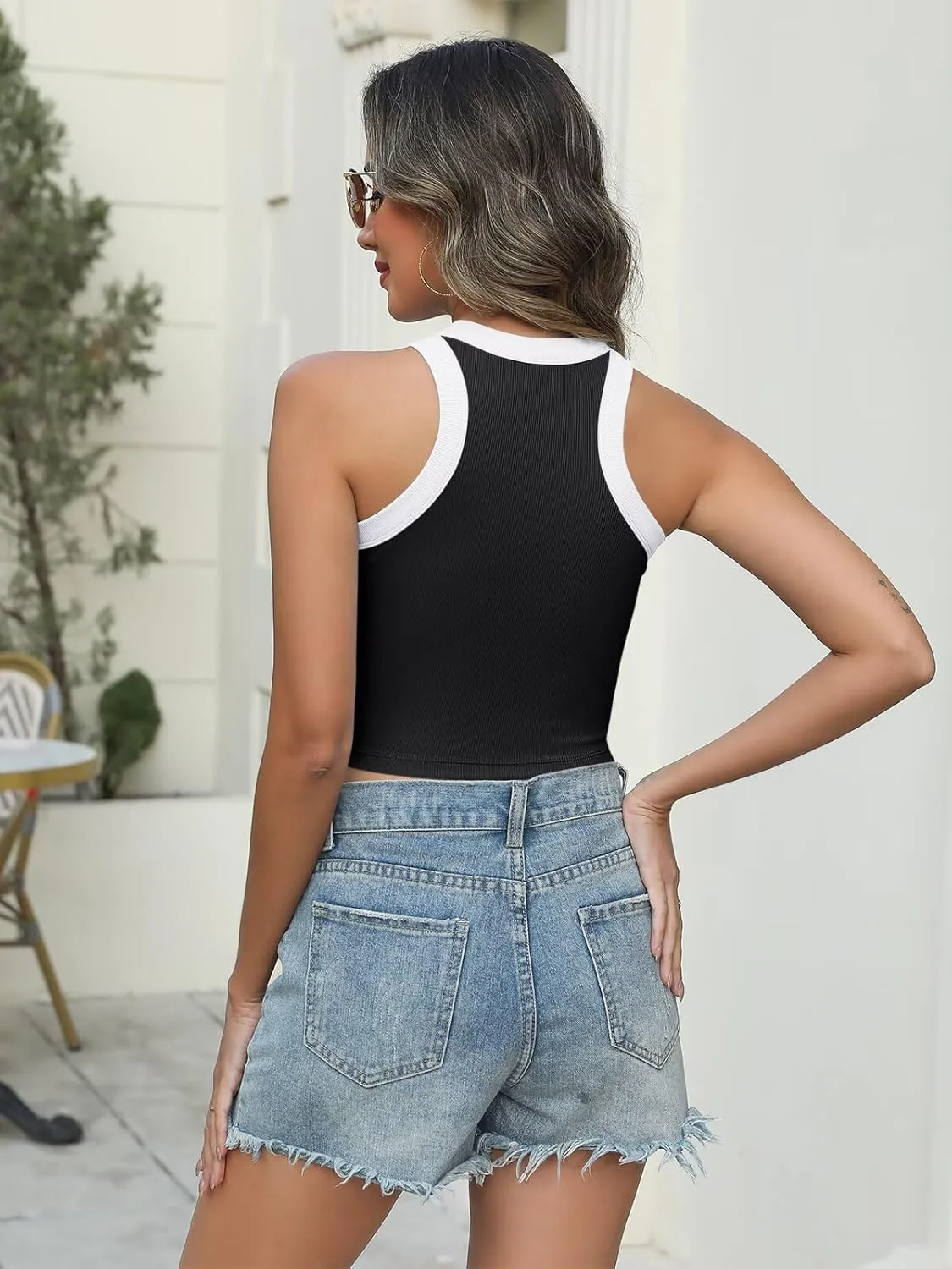 Women's Color Block Ribbed Crop Tank Top Summer Racerback Crewneck Sleeveless Slim Fit Crop Tops Shirts 2025