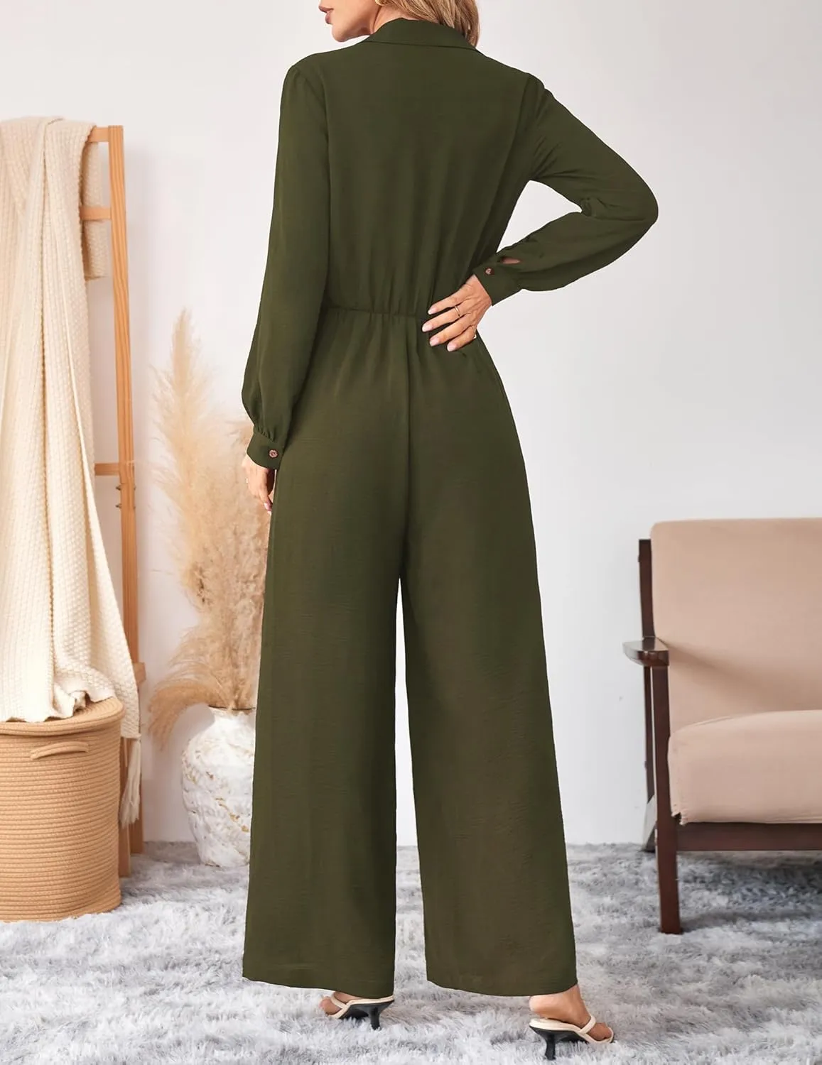 Womens Dressy Jumpsuits Casual One Piece Outfit Button Long Sleeve Wrap Drawstring Waist Wide Leg Long Pants Romper
