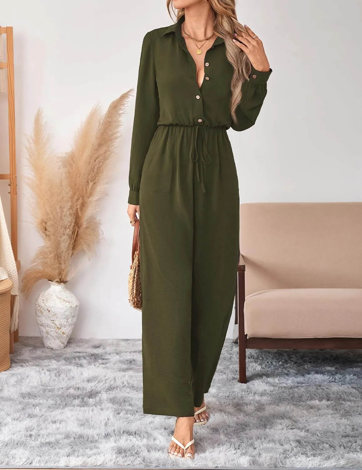 Womens Dressy Jumpsuits Casual One Piece Outfit Button Long Sleeve Wrap Drawstring Waist Wide Leg Long Pants Romper