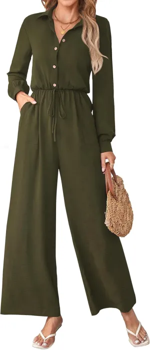 Womens Dressy Jumpsuits Casual One Piece Outfit Button Long Sleeve Wrap Drawstring Waist Wide Leg Long Pants Romper