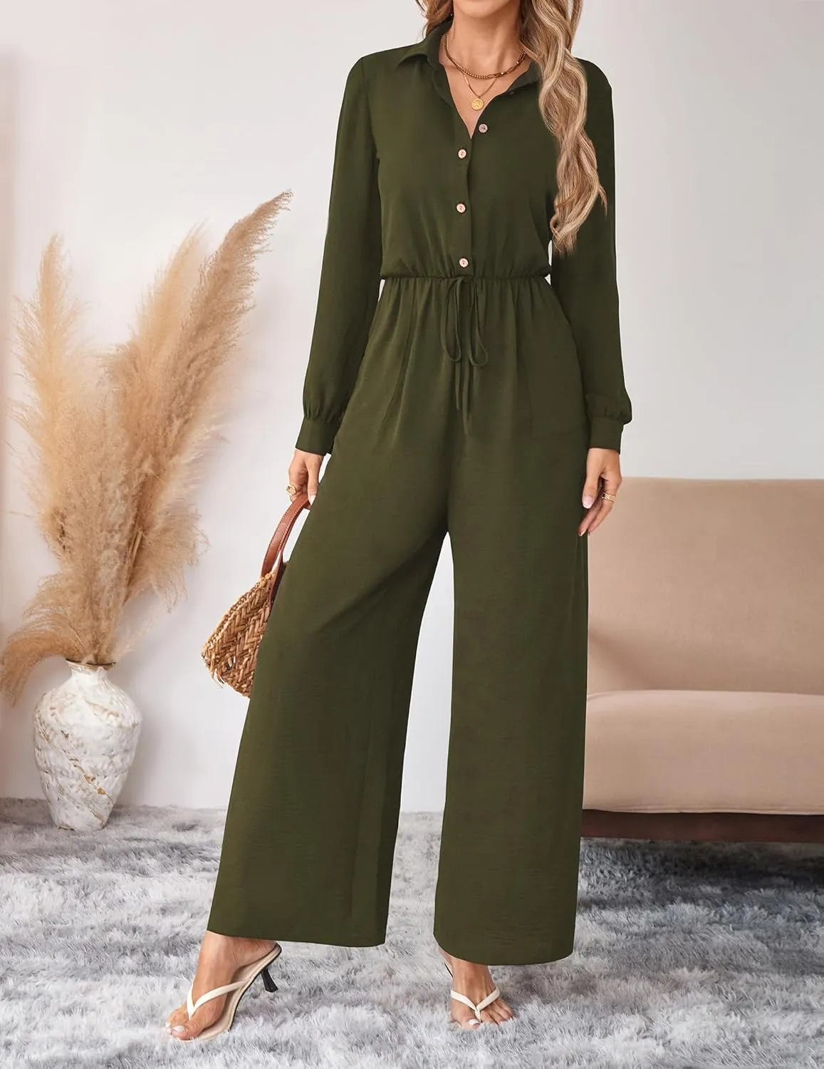 Womens Dressy Jumpsuits Casual One Piece Outfit Button Long Sleeve Wrap Drawstring Waist Wide Leg Long Pants Romper