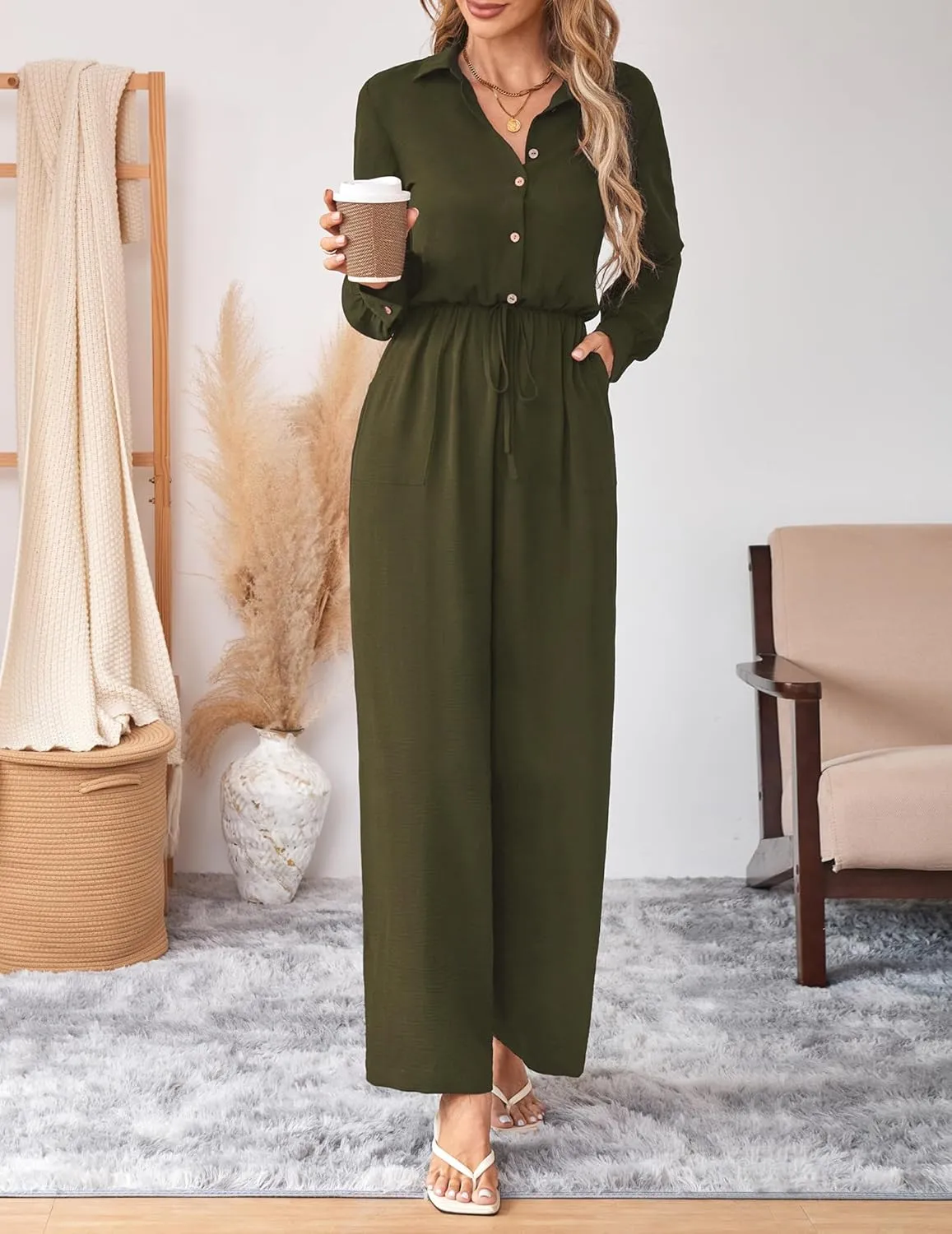 Womens Dressy Jumpsuits Casual One Piece Outfit Button Long Sleeve Wrap Drawstring Waist Wide Leg Long Pants Romper