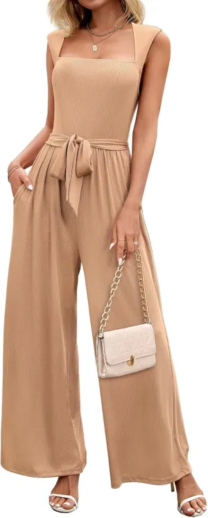 Women's Jumpsuits Dressy Casual Sleeveless Belted Long Wide Leg Pants Elegant One Piece Jumpsuit Summer