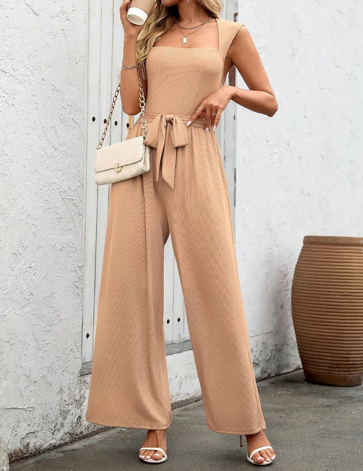 Women's Jumpsuits Dressy Casual Sleeveless Belted Long Wide Leg Pants Elegant One Piece Jumpsuit Summer