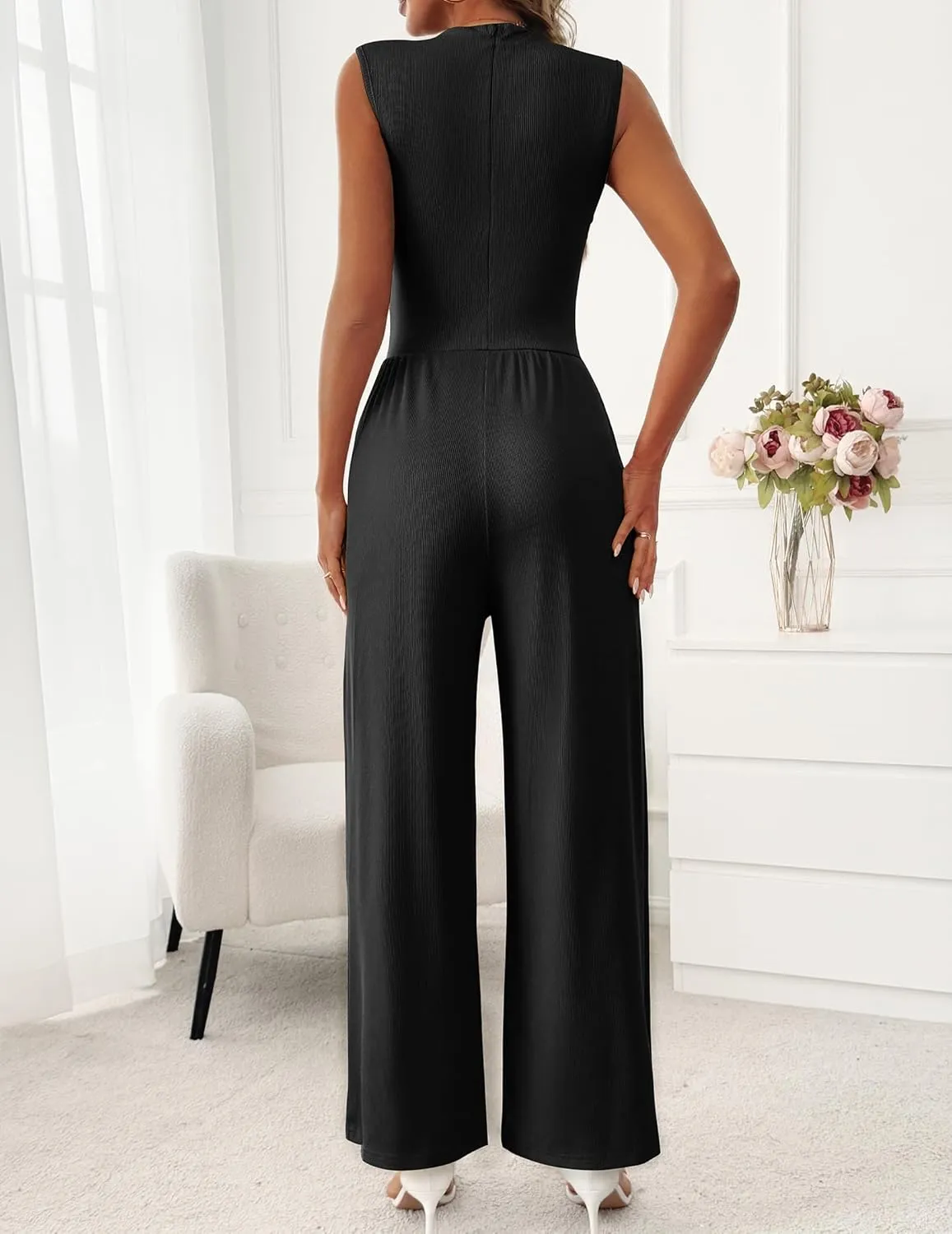 Womens Jumpsuits Dressy Casual Summer Sleeveless Mock Neck Wide Leg Pants Rompers with Pockets One Piece Outfits