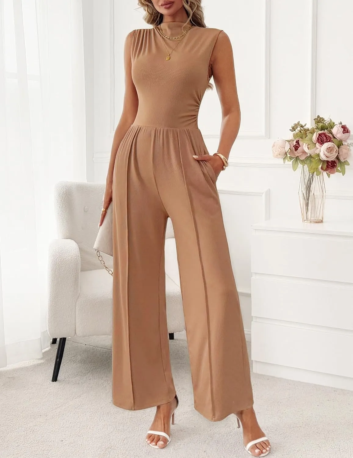 Womens Jumpsuits Dressy Casual Summer Sleeveless Mock Neck Wide Leg Pants Rompers with Pockets One Piece Outfits