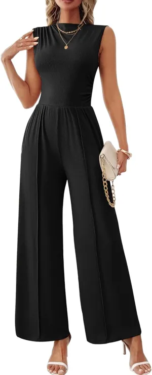 Womens Jumpsuits Dressy Casual Summer Sleeveless Mock Neck Wide Leg Pants Rompers with Pockets One Piece Outfits