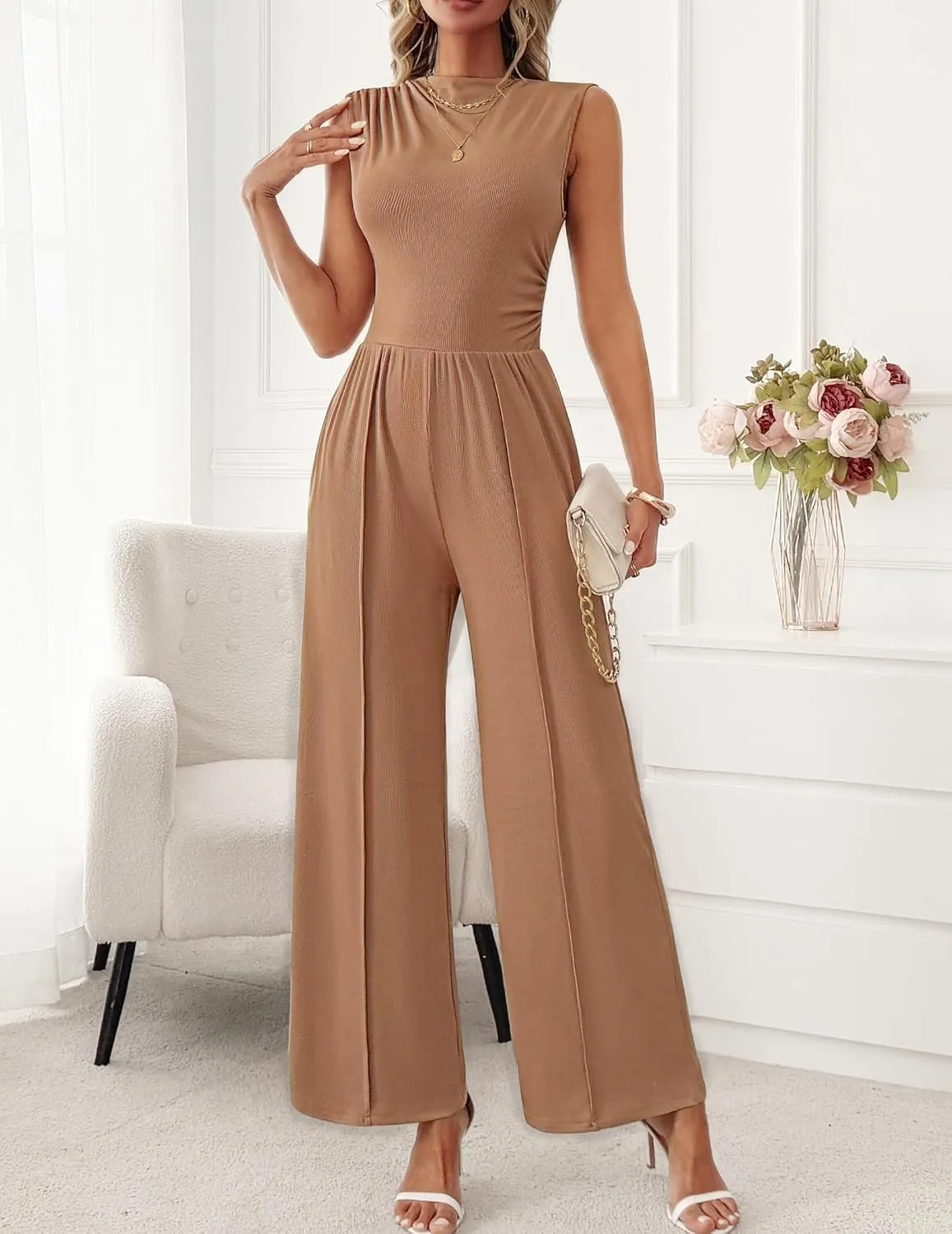 Womens Jumpsuits Dressy Casual Summer Sleeveless Mock Neck Wide Leg Pants Rompers with Pockets One Piece Outfits