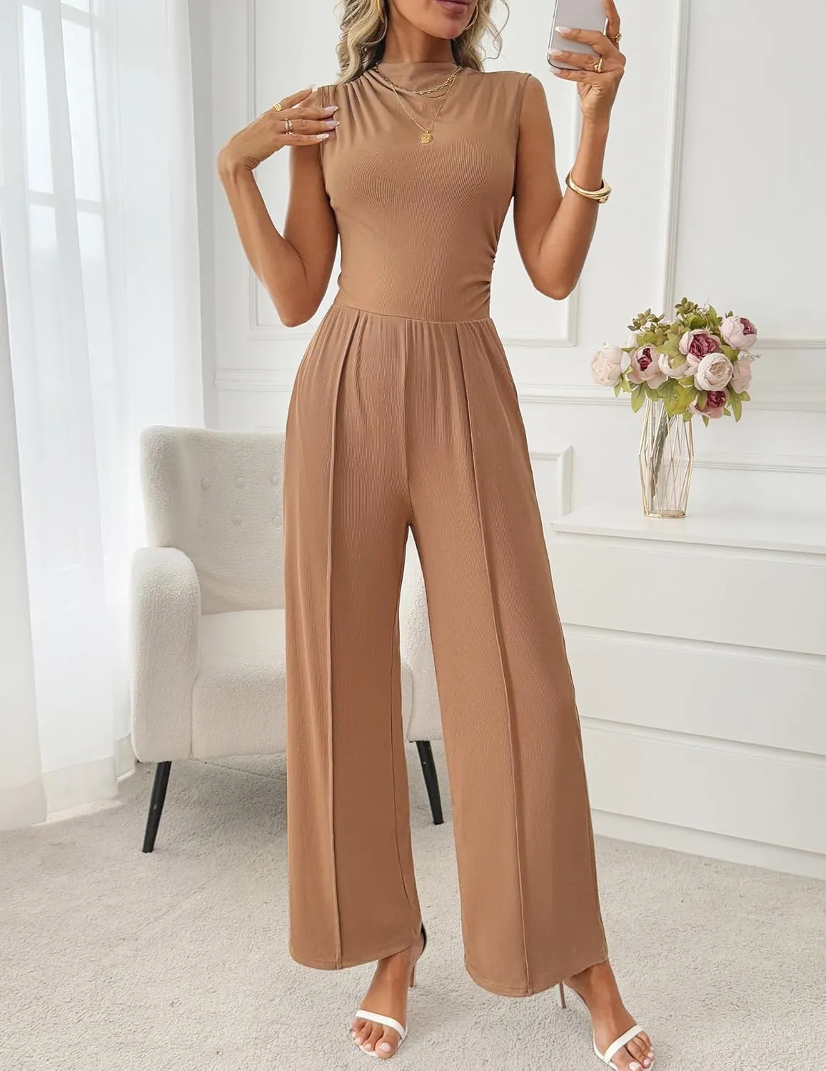 Womens Jumpsuits Dressy Casual Summer Sleeveless Mock Neck Wide Leg Pants Rompers with Pockets One Piece Outfits