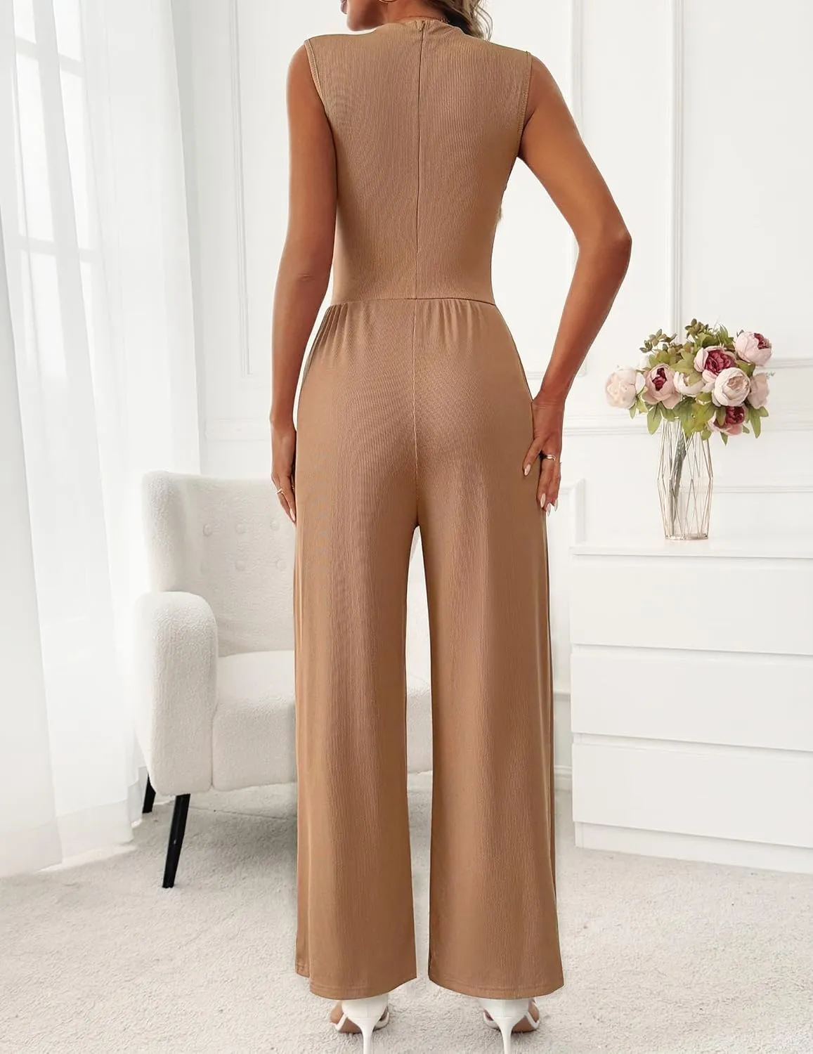 Womens Jumpsuits Dressy Casual Summer Sleeveless Mock Neck Wide Leg Pants Rompers with Pockets One Piece Outfits