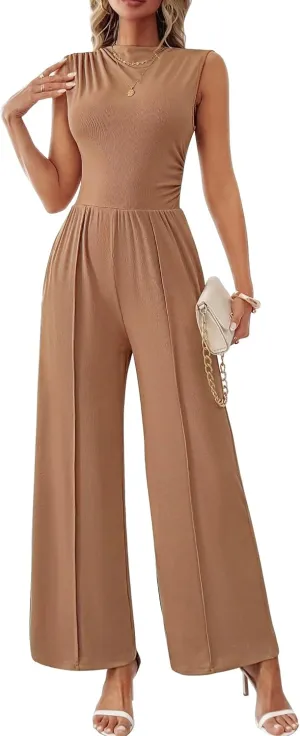 Womens Jumpsuits Dressy Casual Summer Sleeveless Mock Neck Wide Leg Pants Rompers with Pockets One Piece Outfits