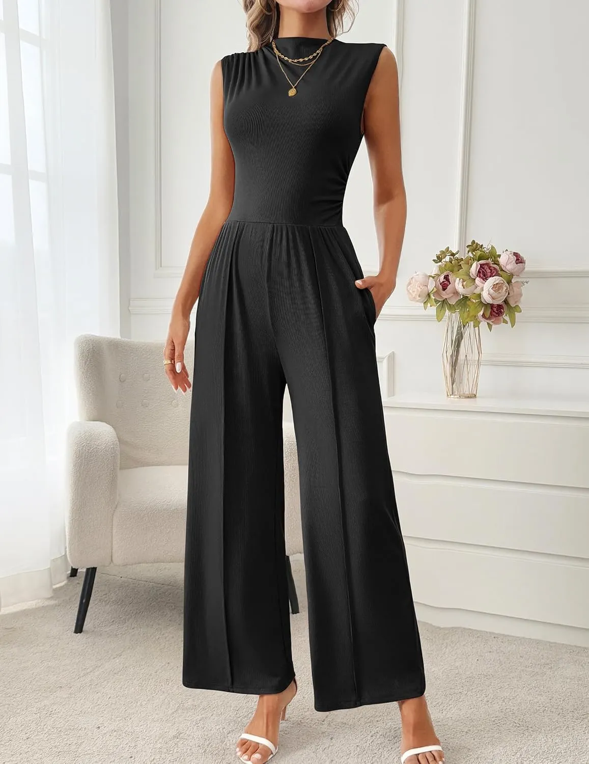Womens Jumpsuits Dressy Casual Summer Sleeveless Mock Neck Wide Leg Pants Rompers with Pockets One Piece Outfits