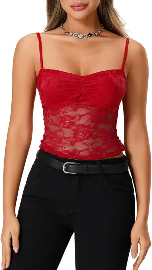 Women's Lace Cami Tops Sleeveless Spaghetti Strap Tank Top Floral Mesh Slim Fit T-Shirts Camisole Summer Vest