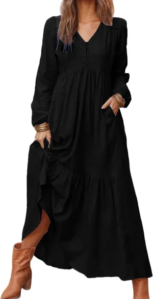 Womens Linen Dresses Casual Loose Button V Neck Pleated Dress Trendy Ruffle Tiered Long Sleeve Maxi Dress