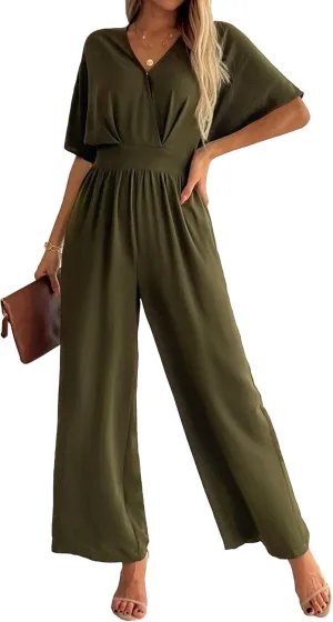 Women's One Piece Jumpsuits Dressy Casual V-Neck Batwing Short Sleeve Wide Leg Elegant Ladies Jumpsuit Rompers