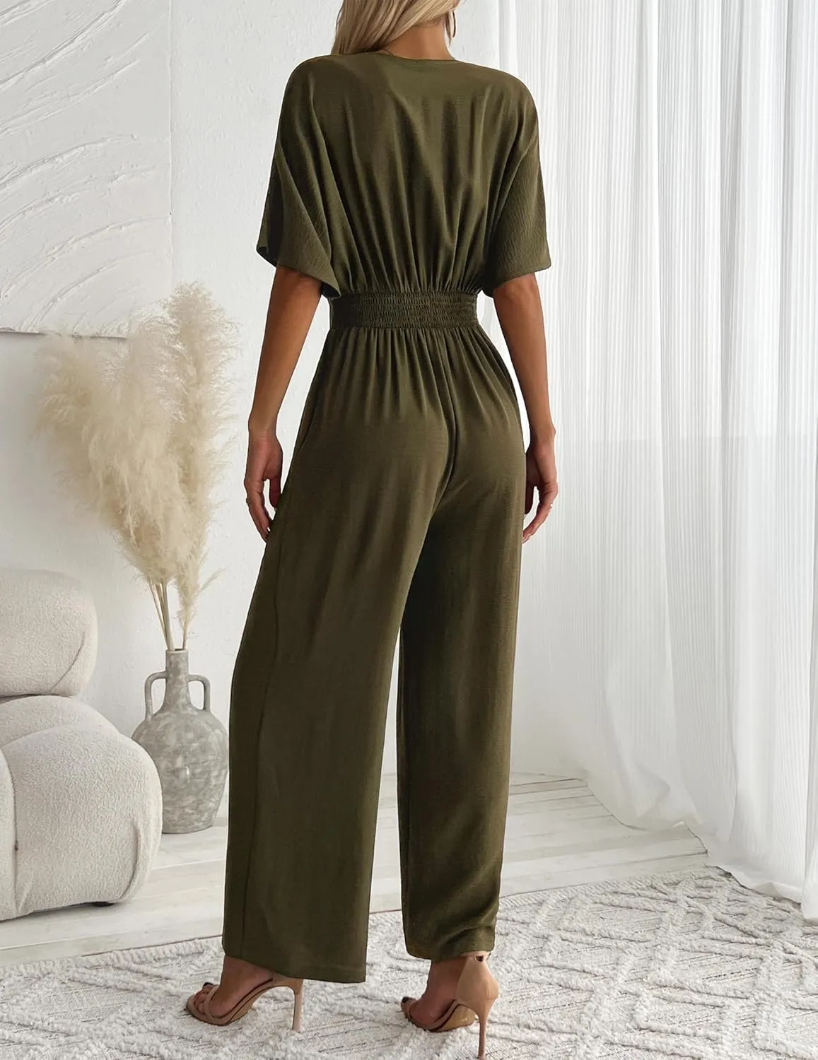 Women's One Piece Jumpsuits Dressy Casual V-Neck Batwing Short Sleeve Wide Leg Elegant Ladies Jumpsuit Rompers
