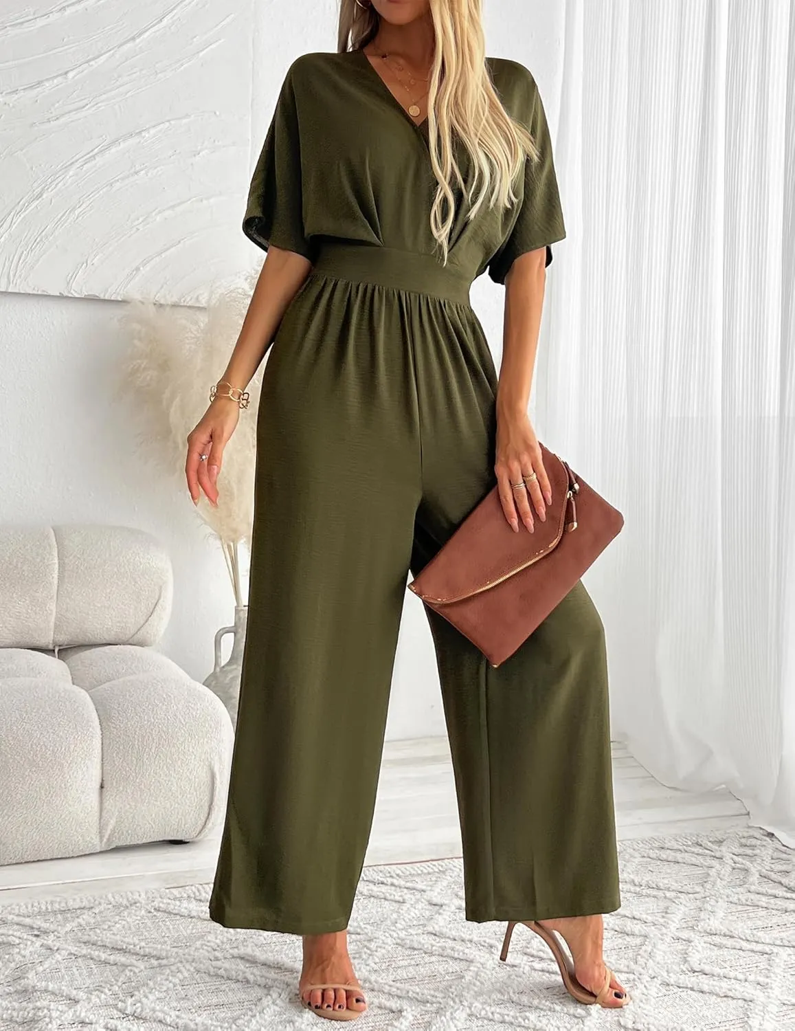 Women's One Piece Jumpsuits Dressy Casual V-Neck Batwing Short Sleeve Wide Leg Elegant Ladies Jumpsuit Rompers