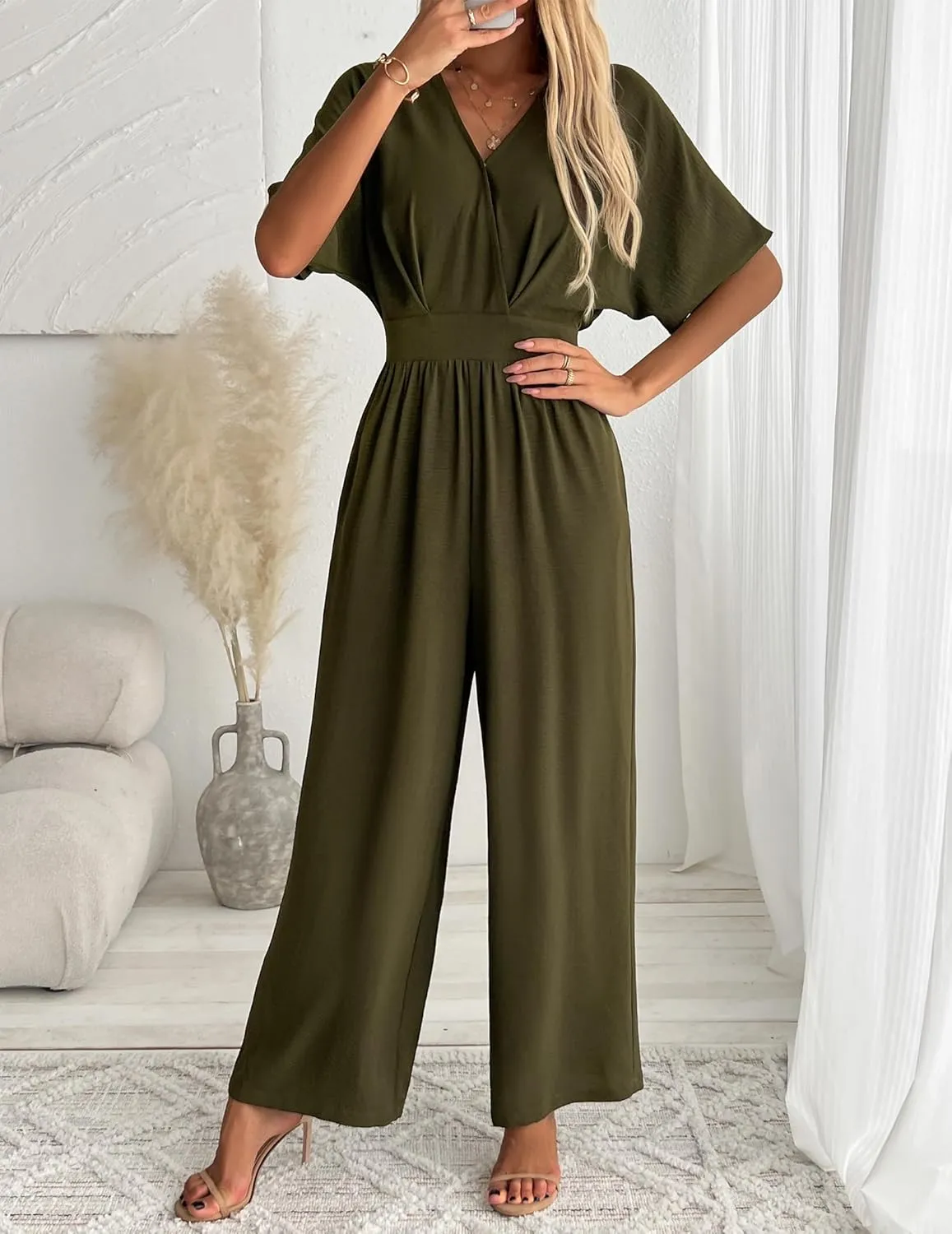 Women's One Piece Jumpsuits Dressy Casual V-Neck Batwing Short Sleeve Wide Leg Elegant Ladies Jumpsuit Rompers