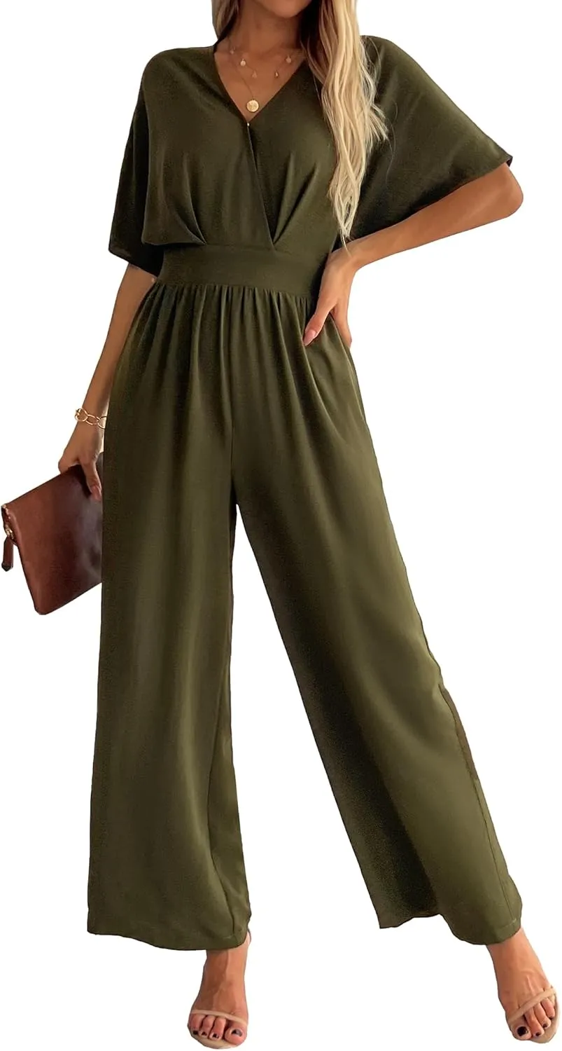 Women's One Piece Jumpsuits Dressy Casual V-Neck Batwing Short Sleeve Wide Leg Elegant Ladies Jumpsuit Rompers