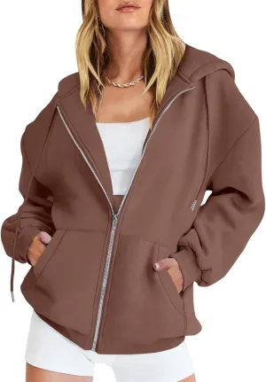 Women's Oversized Casual Full Zip Up Y2K Hoodies Sweatshirts Plush Comfy Loose Solid Long Sleeve Jacket with Pockets