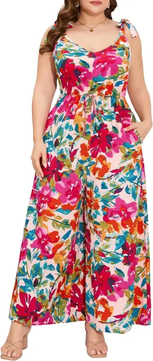 Women's Plus Size Jumpsuits Floral Print Tie Strap V-Neck Loose Wide Leg Long Rompers with Pockets