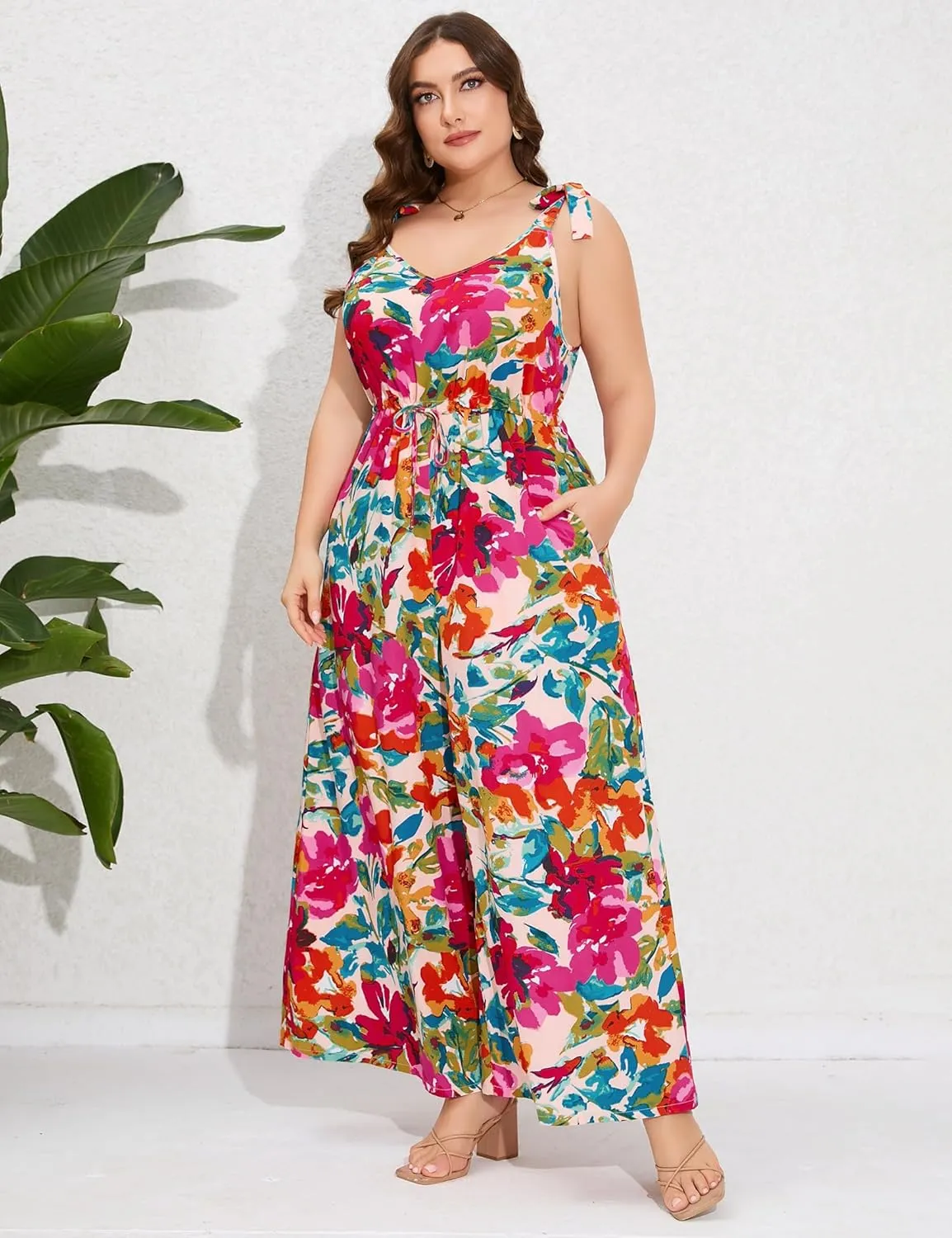 Women's Plus Size Jumpsuits Floral Print Tie Strap V-Neck Loose Wide Leg Long Rompers with Pockets