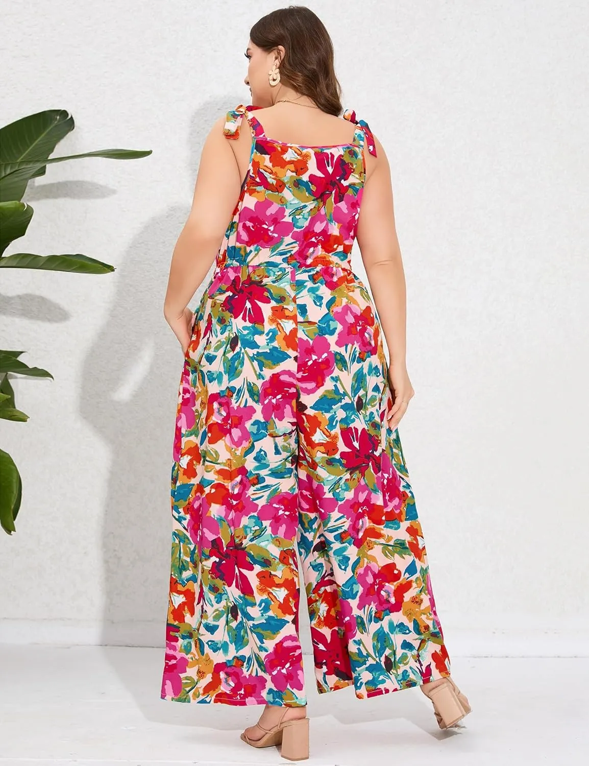 Women's Plus Size Jumpsuits Floral Print Tie Strap V-Neck Loose Wide Leg Long Rompers with Pockets