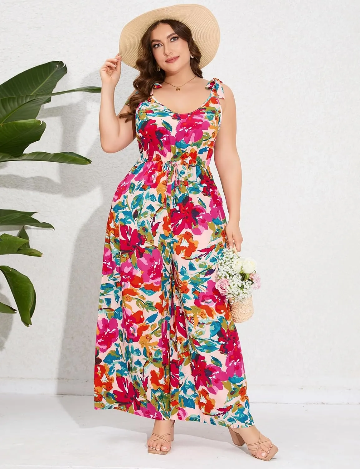 Women's Plus Size Jumpsuits Floral Print Tie Strap V-Neck Loose Wide Leg Long Rompers with Pockets