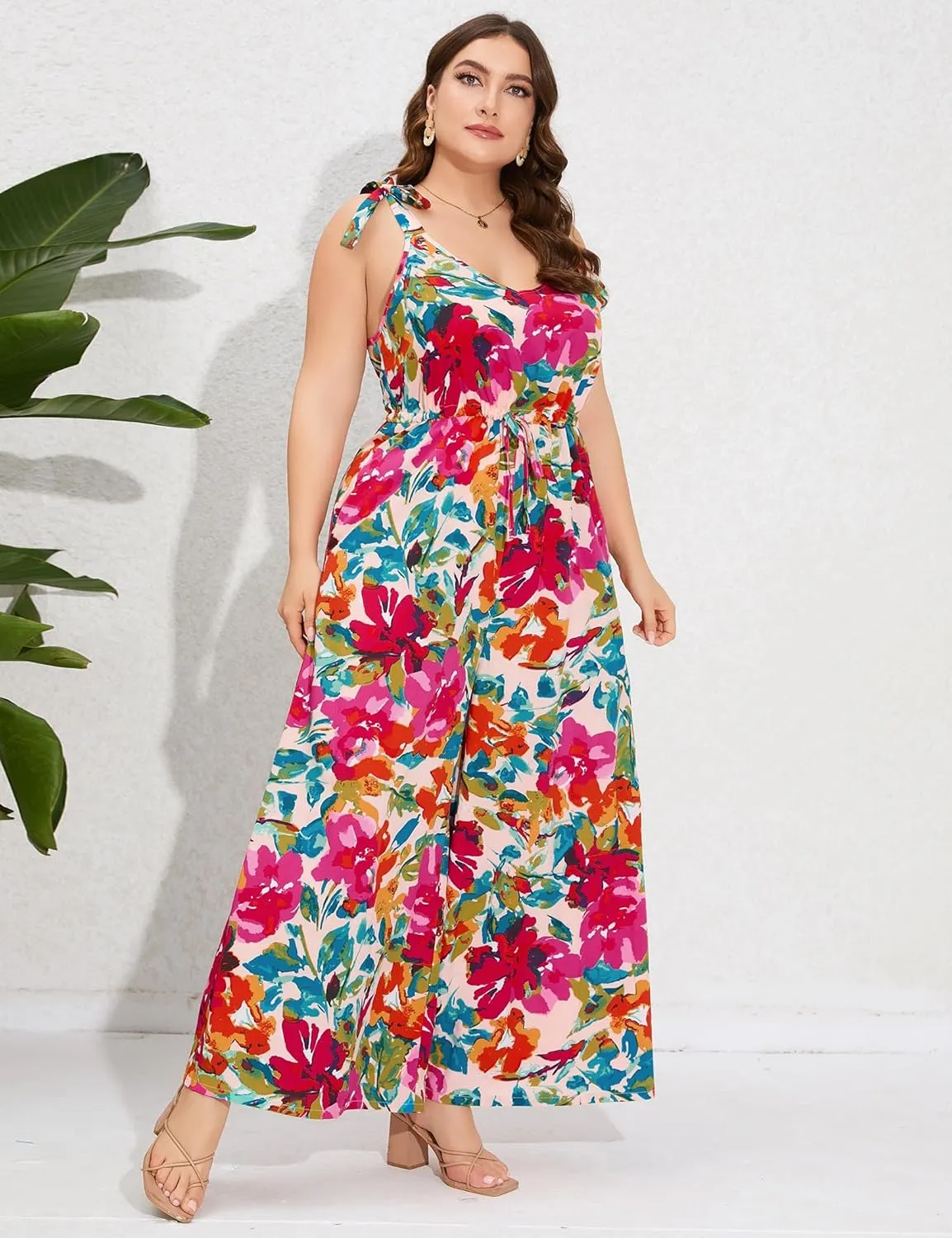 Women's Plus Size Jumpsuits Floral Print Tie Strap V-Neck Loose Wide Leg Long Rompers with Pockets