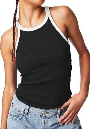 Womens Racerback Cami Tank Top Color Block Scoop Neck Ribbed Knit Camisole Sleeveless Cami Shirt Y2k Summer Tops
