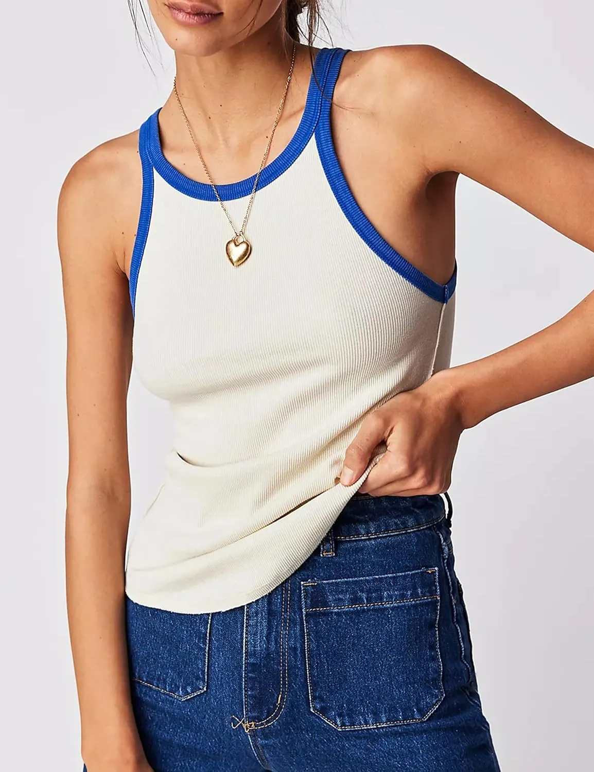 Womens Racerback Cami Tank Top Color Block Scoop Neck Ribbed Knit Camisole Sleeveless Cami Shirt Y2k Summer Tops