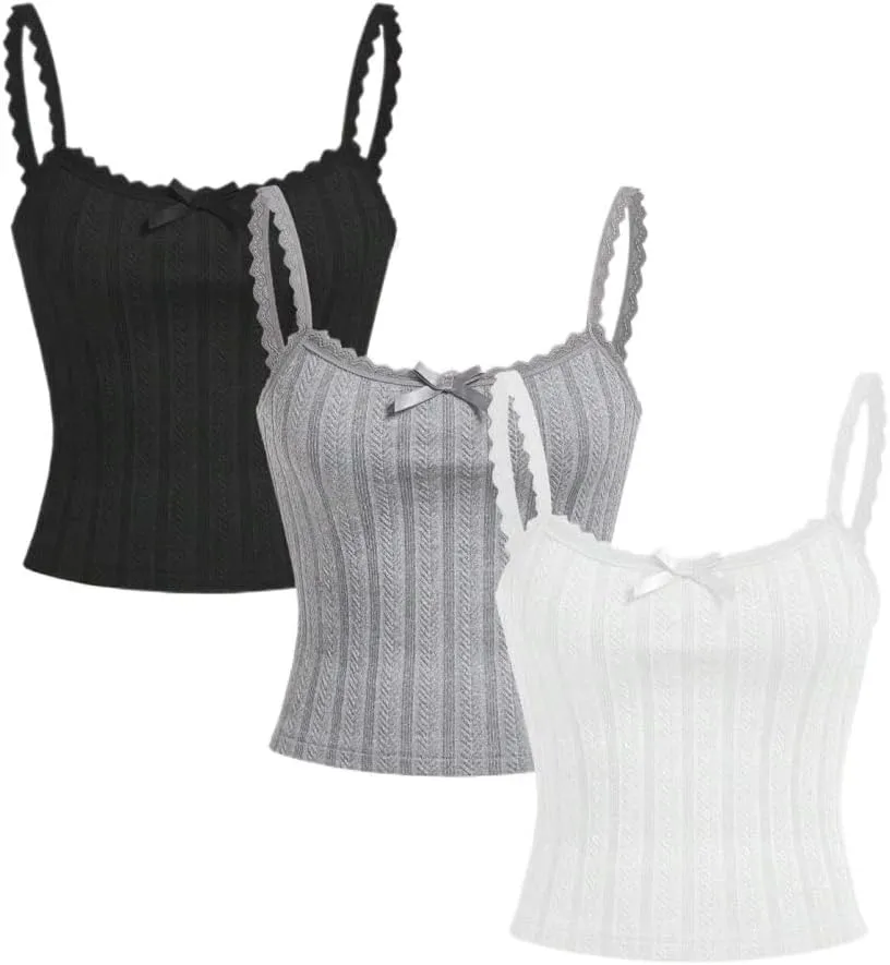 Women's Shirts 3pcs Bowknot Decorated Lace Trimmed Camisole Camis Tops Fashion Camis Tank Tops