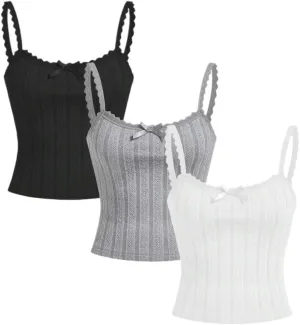 Women's Shirts 3pcs Bowknot Decorated Lace Trimmed Camisole Camis Tops Fashion Camis Tank Tops