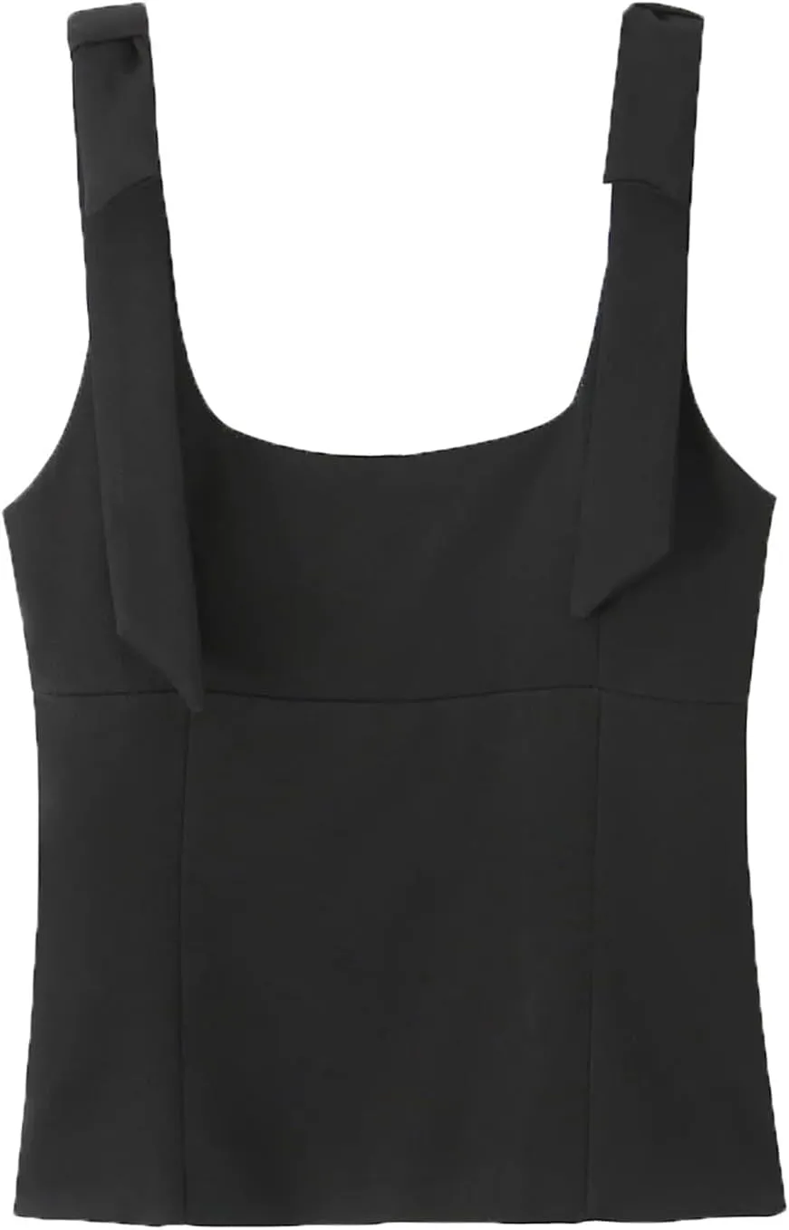 Women's Solid Color Bow Square Neck Camisole Tops Summer Sleeveless Street Side Zipper Slim Fit Tops