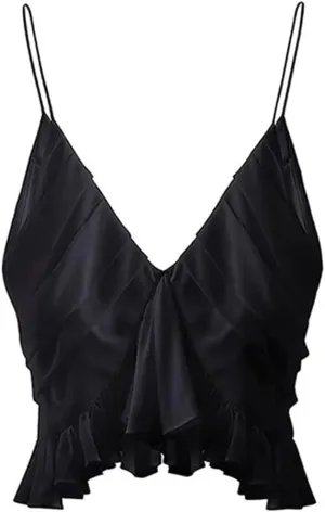 Womens Solid Summer Camisole Tank Tops Sleeveless V Neck Irregular Ruffle Backless Crop Tops