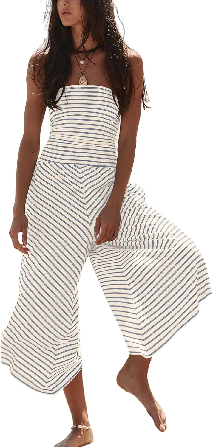 Womens Striped Strapless Jumpsuits Wide Leg Summer Romper Sleeveless Loose Flowy Cropped Pants Rompers with Pockets