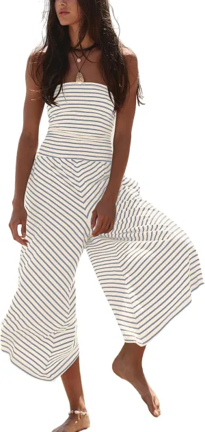 Womens Striped Strapless Jumpsuits Wide Leg Summer Romper Sleeveless Loose Flowy Cropped Pants Rompers with Pockets