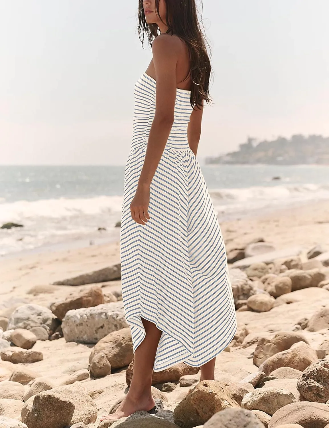 Womens Striped Strapless Jumpsuits Wide Leg Summer Romper Sleeveless Loose Flowy Cropped Pants Rompers with Pockets