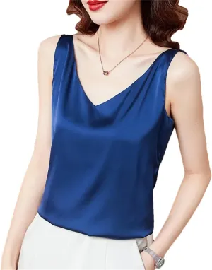 Women's Summer Ice Silk Camisole V-Neck Tops Satin Camis Crop Top Solid Blouse Vest Blue L